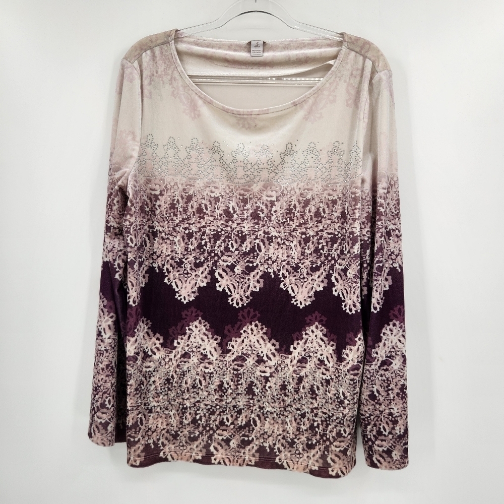 Chicos 3 Long Sleeve Velour Printed Top Embellished Womens Size XL Ivory Purple